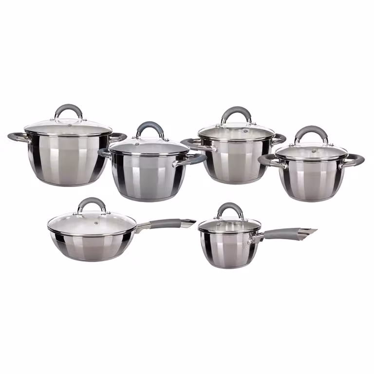 GUSTO CASA Batteria di Pentole 12 Pezzi Linea Grey Diamond in Acciaio Inox e Silicone, Colore Argento