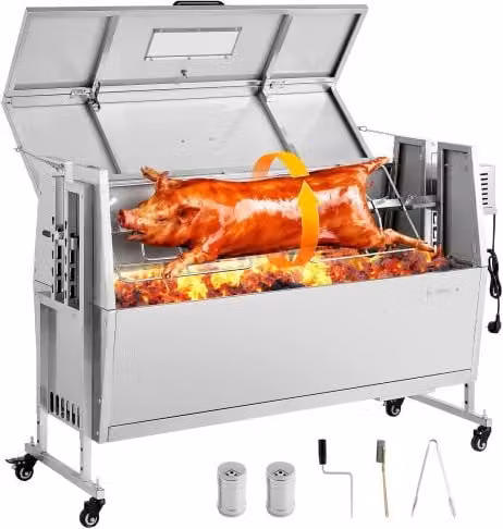 VEVOR Girarrosto a Carbone con Coperchio in Acciaio Inox Color Argento per Maiale e Agnello, Kit a Spiedo con Altezza Regolabile a 4 Livelli per Cottura all'Aperto