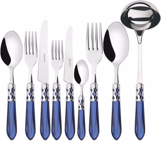Set di posate ALADDIN da 75 pezzi con ghiera cromata e scatola in legno Wengè, colore blu