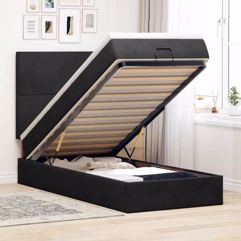 Letto con contenitore e materasso vidaXL in velluto nero, dotato di base sollevabile, luci sotto il letto e porte di ricarica USB, L/P/H: 190 x 90 x 128 cm