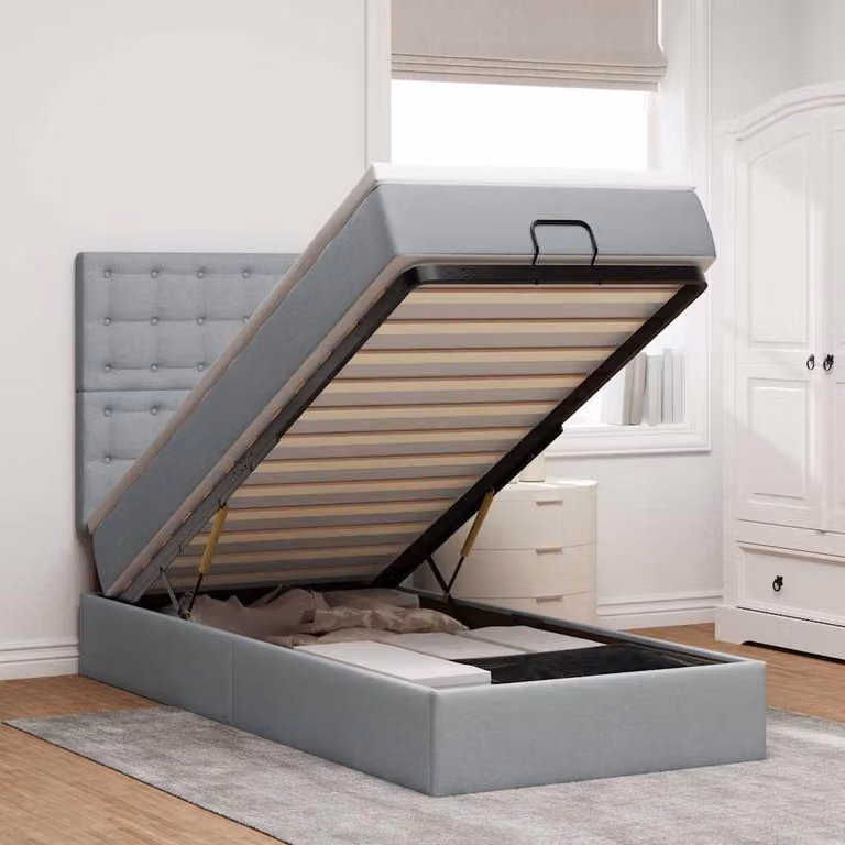 Letto con contenitore a sollevamento e materasso vidaXL in tessuto grigio e bianco, L: 200 cm, P: 140 cm, H: 128 cm