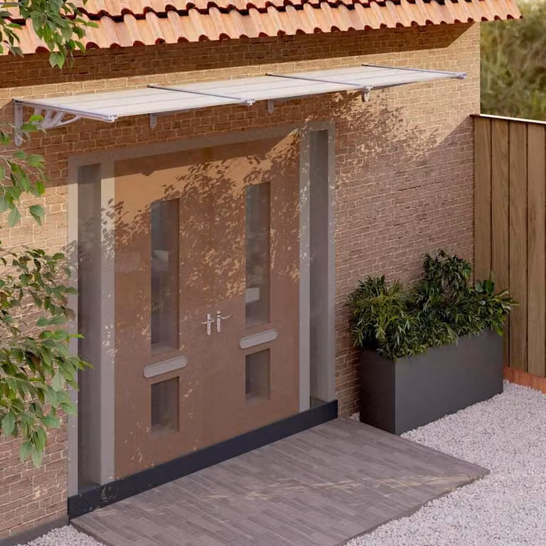 Tettoia per porta curva vidaXL in alluminio e policarbonato, Grigio e Trasparente, L: 358,5 cm, P: 90 cm