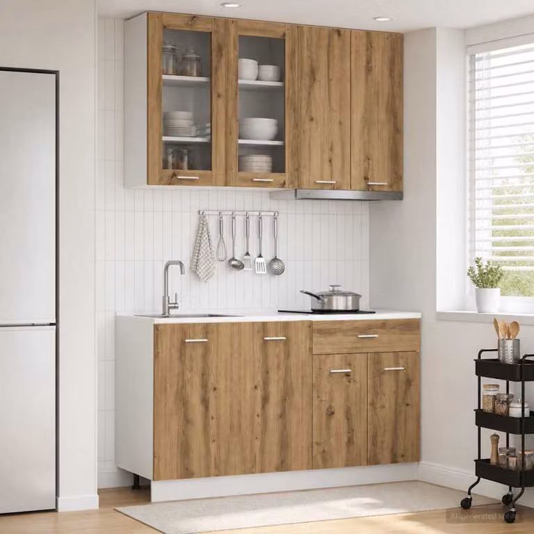 Unità cucina moderna vidaXL LYON in legno Rovere marrone con ante in vetro e ripiani interni, set da 4 pezzi