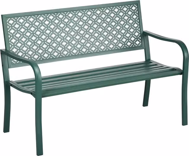 Panca da giardino Outsunny in acciaio con schienale floreale per 2 persone, colore verde scuro, L: 127 cm, P: 63 cm, H: 83 cm