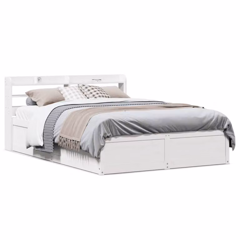 vidaXL Letto con Testiera in Legno Massello di Pino Bianco con Ripiani Laterali 140x190 cm