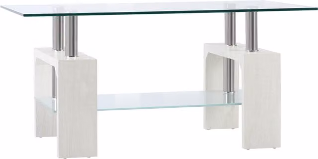 Tavolino da caffè moderno HOMCOM a 2 livelli in vetro trasparente e legno bianco, L: 90 cm, P: 50 cm, H: 42 cm