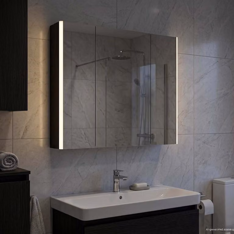 Mobiletto per specchio da bagno moderno vidaXL con illuminazione LED e specchio integrato, Rovere e Nero, L: 83,5 cm, P: 15,5 cm, H: 70 cm
