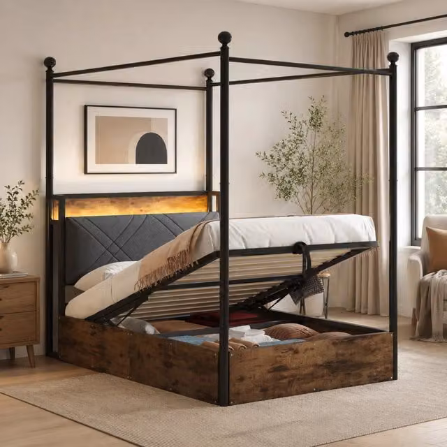 Letto a baldacchino multifunzione REDOM in metallo nero e legno con base a sollevamento, illuminazione LED e porte USB, L/P: 90 x 190 cm