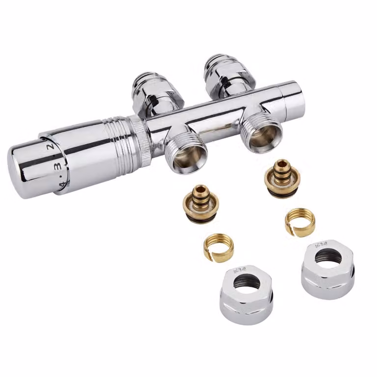 Valvole Diritte Termostatiche Multiblock HudsonReed per Radiatori 3/4 con Adattatori Multistrato Ø14mm in Ottone Cromato con Testina Termostatica