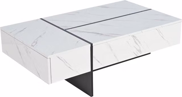 Tavolino da salotto moderno bianco con finitura lucida e design astratto, L: 126 cm, P: 60 cm, H: 35 cm