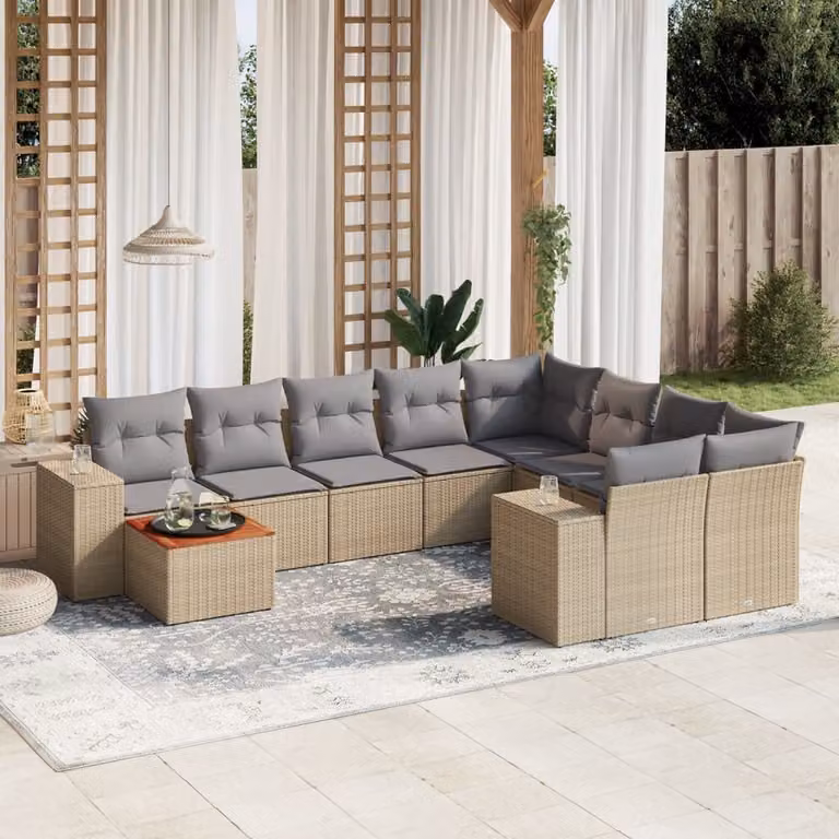 Set Divano da Giardino vidaXL 10 pz con Cuscini Beige e Tavolino in Polyrattan e Acciaio