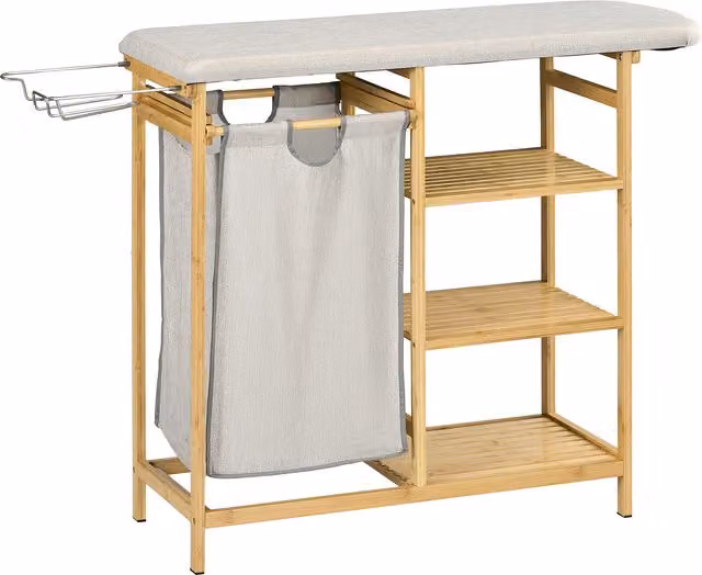 HOMCOM Cestino Portabiancheria in Bambù e Poliestere con Asse da Stiro e Ripiano a 3 Livelli, L/P/H: 113 x 34 x 82 cm