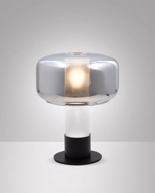 Lampada da Tavolo Flick Fabas in Metallo e Vetro Grigio, Dimmerabile al Tocco, Attacco E14 15W, IP20