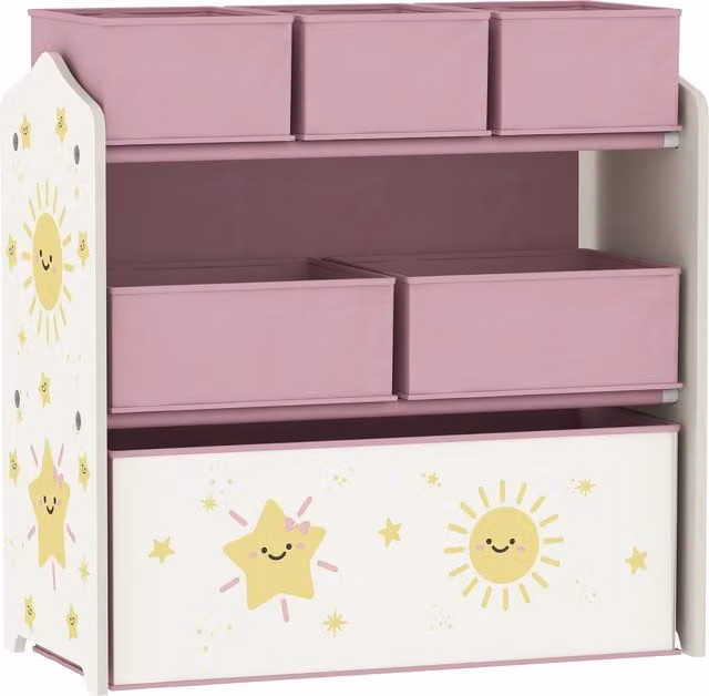 Scaffale Portagiochi AIYAPLAY per Bambini a 3 Livelli con 6 Contenitori in Tessuto Rimovibili, Mobile Rosa per Camera da Letto, Soggiorno e Camera dei Giochi