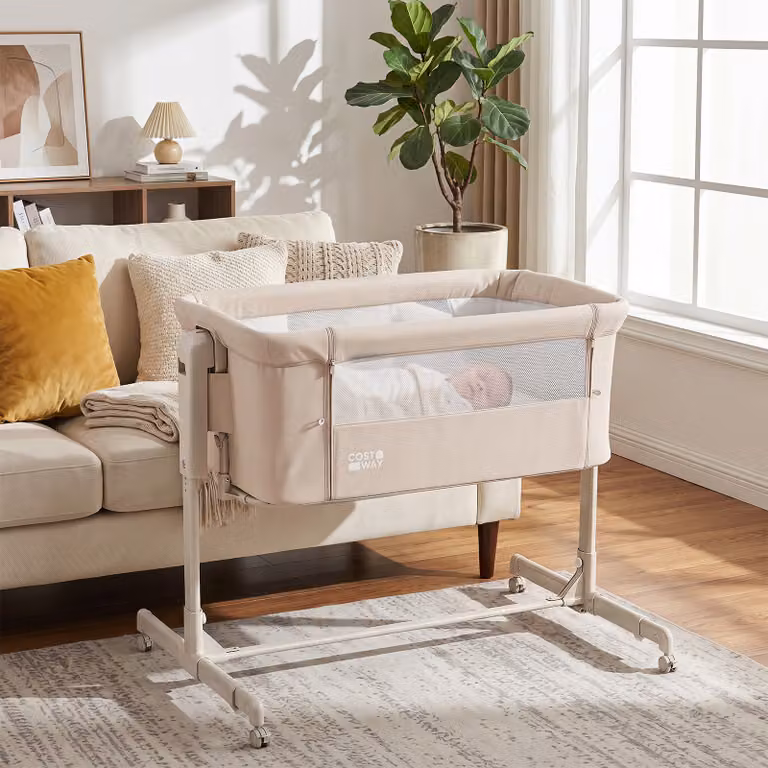 Culla per neonati Costway con 6 livelli di altezza regolabile, funzione dondolo, 4 ruote con freno e piedini estensibili, Beige
