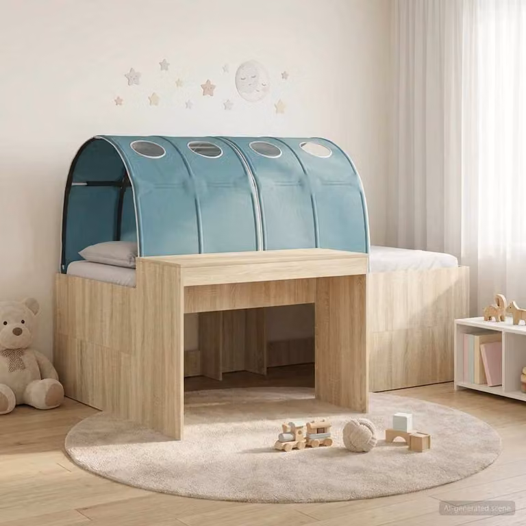 vidaXL Letto per bambini con tunnel in legno e tessuto, L: 193 cm, P: 120 cm, H: 75 cm, Marrone e Blu Chiaro