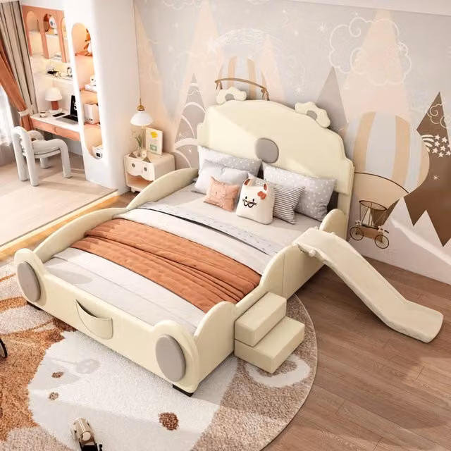 Letto per bambini OKWISH a forma di orsetto con scala e scivolo, beige, L/P/H: 200 x 140 x 110 cm