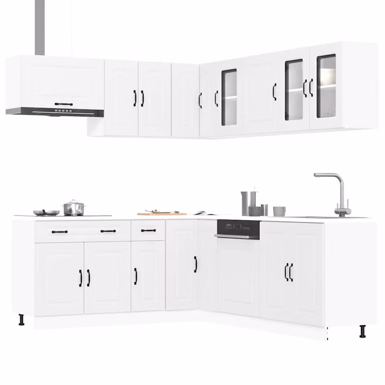 Set di mobili da cucina moderno vidaXL Kalmar composto da 11 pezzi in legno e vetro, colore bianco opaco