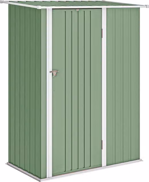 Capanno porta attrezzi in metallo Outsunny con tetto inclinato e porta bloccabile, Verde Chiaro, L: 142 cm, P: 86 cm, H: 189 cm