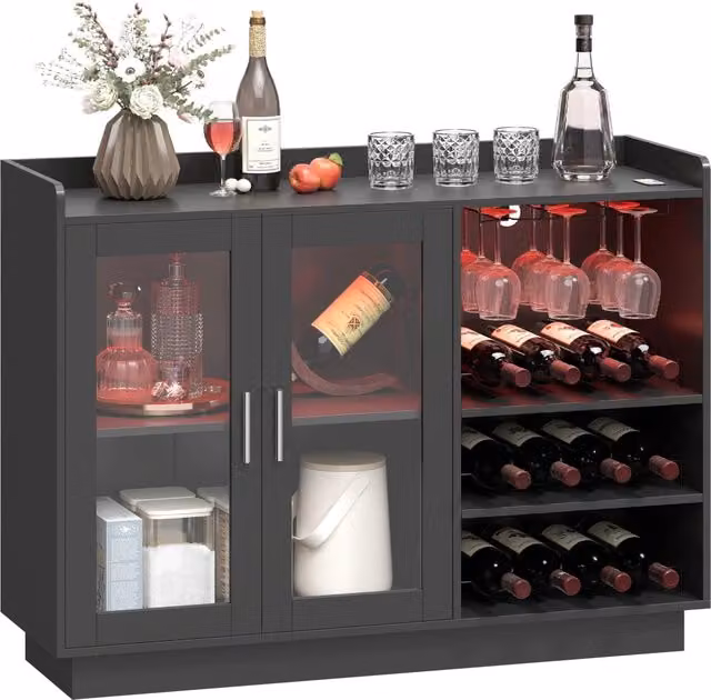 Mobile Portabottiglie DESIGN IN con Luce LED e Ante in Vetro, in Legno e MDF, Nero, L: 120 cm, P: 38 cm, H: 88 cm