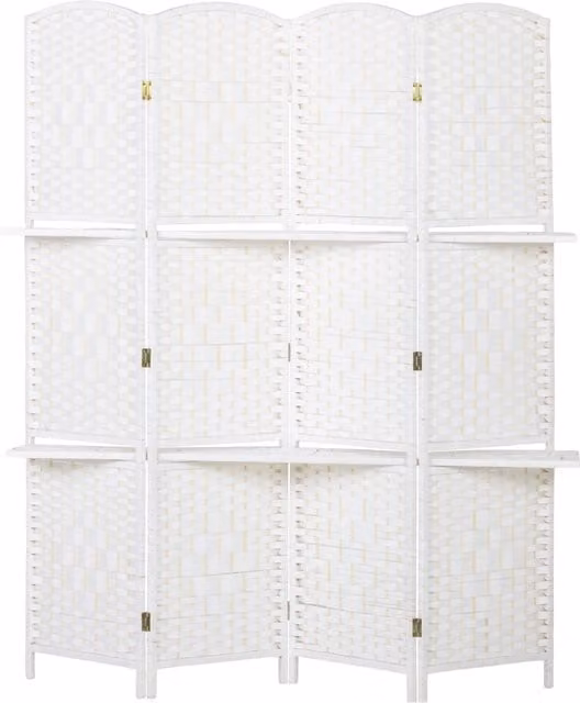 Paravento da interno HOMCOM a 4 pannelli pieghevole con mensole regolabili in legno e rattan, Bianco, H 170 x L 160 cm