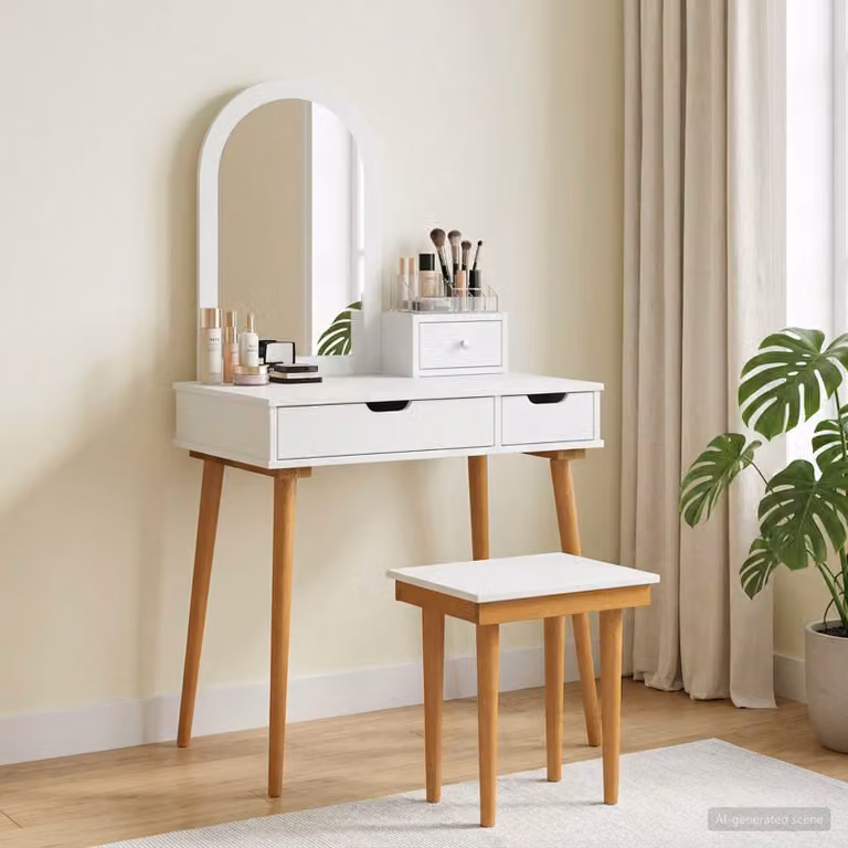 Set Tavolo da Trucco vidaXL FAUSKE 4 pz Bianco L: 76 cm, P: 50 cm, H: 143 cm