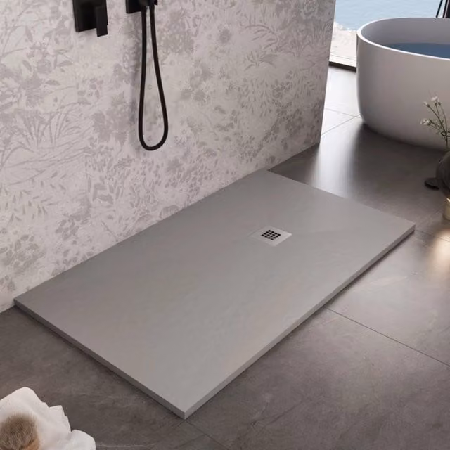 Piatto doccia rettangolare Olimpo Docce in marmo resina e mineral cast, colore grigio chiaro pietra cemento, L: 130 cm, P: 100 cm, antiscivolo