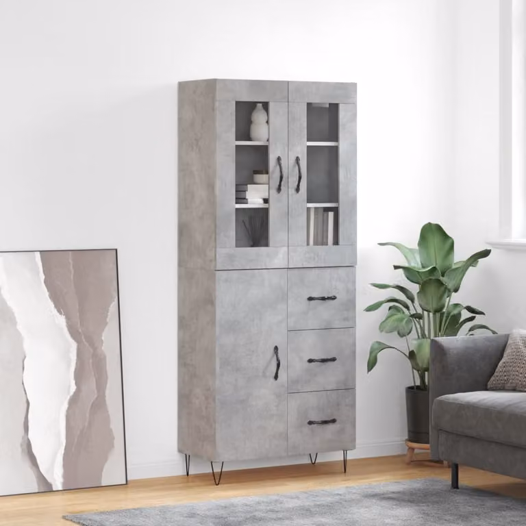 Credenza stile industriale vidaXL in legno, vetro e metallo, colore grigio, L: 69,5 cm, P: 34 cm, H: 180 cm