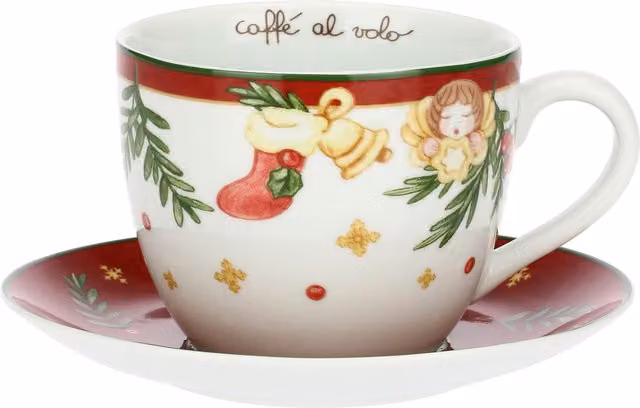 Tazza da colazione con piattino in porcellana multicolore Thun Sorprese di Natale