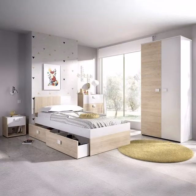 Set Camera da Letto Moderna DMORA Redwood Bianco con Armadio, Letto, Comodino e Cassettiera in Legno e MDF