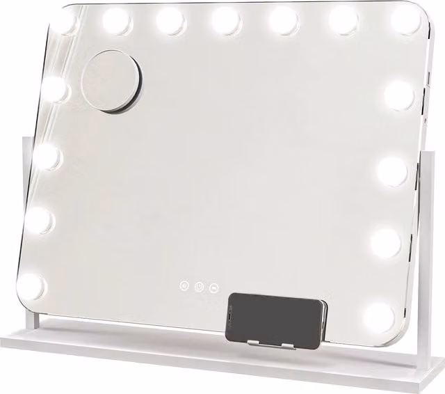 Specchio da trucco HOMCOM con 14 luci LED regolabili e ricarica USB, in vetro e metallo, Bianco, L: 62.5 cm, P: 14 cm, H: 49.5 cm