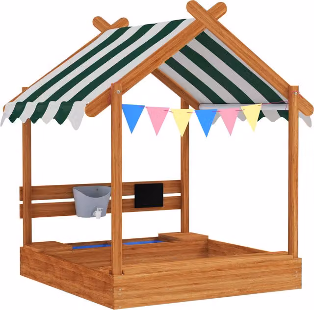 Sabbiera per bambini Outsunny con tenda, 6 bandierine, 2 vaschette, rubinetto e lavagna a casetta, arancione e multicolore, L: 124 cm, P: 116 cm, H: 146 cm
