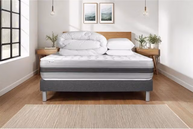 Kit letto completo Vitalspring Recover Hybrid in tessuto grigio con materasso, box spring con doghe, 2 guanciali e piumino, L/P: 180 x 200 cm