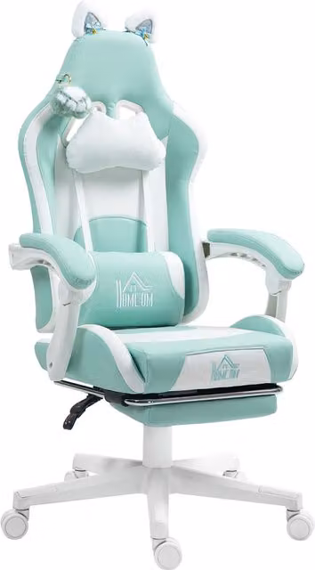 Sedia da Gaming HOMCOM Reclinabile con Poggiapiedi e Cuscini, in Finta Pelle e Spugna, Bianco e Azzurro, L: 65 cm, P: 62 cm, H: 116-124 cm