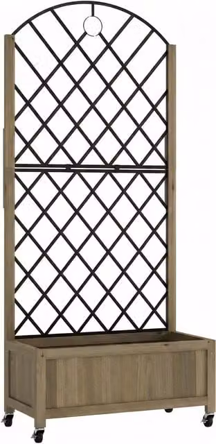 Fioriera Outsunny con traliccio in acciaio e vasca in legno marrone su ruote bloccabili, H: 168 cm, L: 72 cm, P: 36 cm