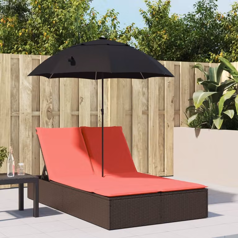 vidaXL Lettino Prendisole Doppio in Polyrattan Marrone con Parasole e Cuscini in Tessuto Resistente ai Raggi UV