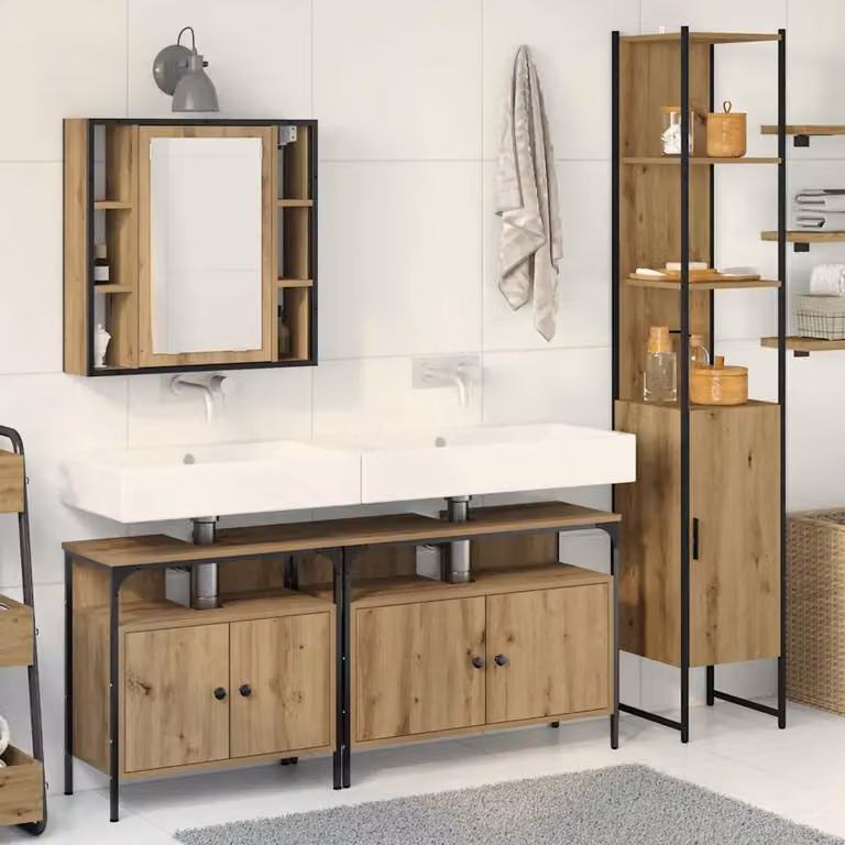 Set di mobili per il bagno moderno vidaXL in legno e metallo marrone, composto da armadietto con specchio, mobile lavabo e colonna alta, L/P/H: 62,75 x 33,0 x 185,5 cm