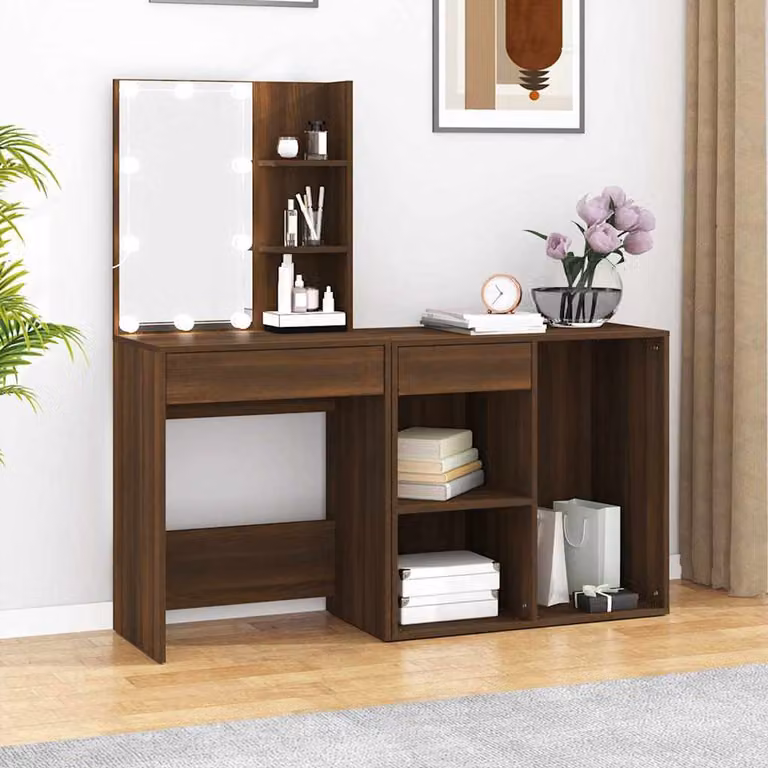vidaXL Toeletta Hollywood con LED e Armadietto in Legno Rovere Marrone L: 140 cm, P: 40 cm, H: 60 cm