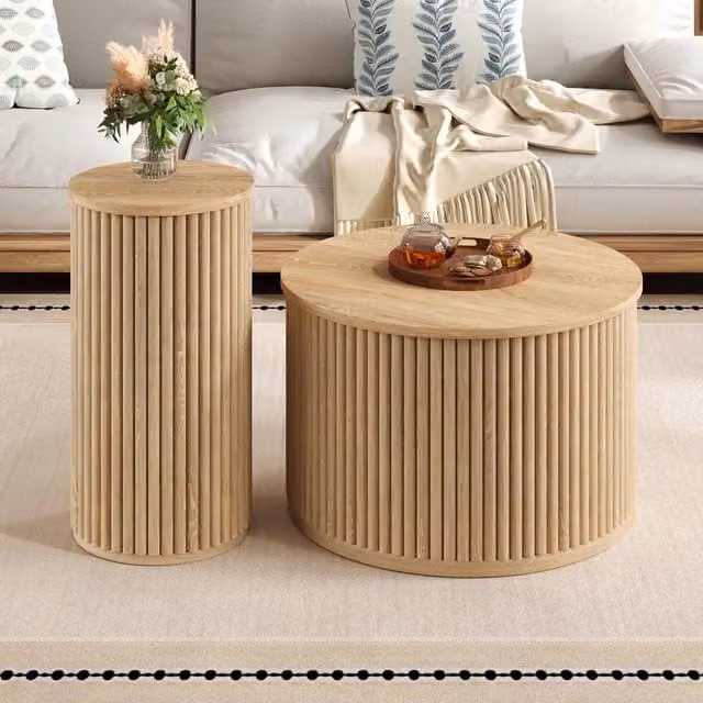 Tavolino da Salotto Rotondo Xylo con Doppio Piano in Legno Naturale, Colore Marrone e Beige