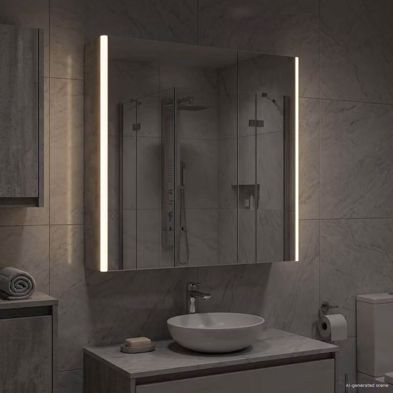 Mobiletto per specchio da bagno vidaXL con illuminazione LED e ante in vetro, Grigio cemento, L/P/H: 70,0 x 15,5 x 63,5 cm
