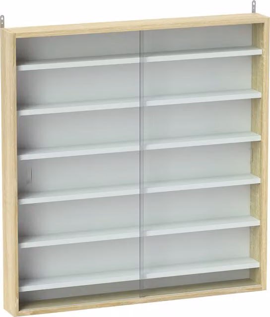 Bacheca Portaoggetti HOMCOM con 5 Ripiani Regolabili e Ante in Vetro, Bianco e Rovere, L: 80 cm, P: 9.5 cm, H: 83 cm