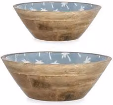 Set di 2 insalatiera in legno KERAN con decoro palme, colori naturale e azzurro, L: 30 cm, P: 14 cm e L: 25 cm, P: 10 cm