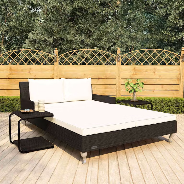 vidaXL Lettino Prendisole per 2 Persone in Polyrattan Nero con Cuscini e Vassoio Laterale