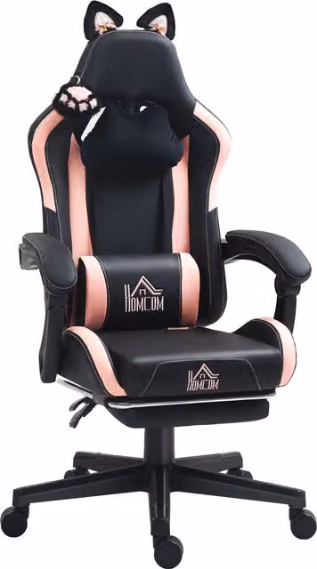 Sedia da Gaming HOMCOM Reclinabile con Poggiapiedi e Cuscini, in Finta Pelle e Spugna, L/P/H: 65 x 62 x 116-124 cm, Rosa e Nero