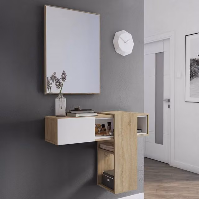 Mobile da ingresso Daba DMORA con specchio, design moderno in finitura rovere marrone e bianco, L: 100 cm, P: 31.2 cm, H: 75 cm