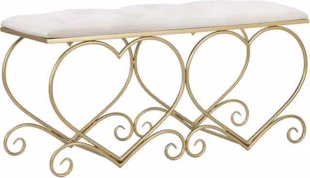 Panca Heart Charme1921 in velluto color crema con dettagli in metallo oro, L 105 cm x P 37,5 cm x H 51,5 cm