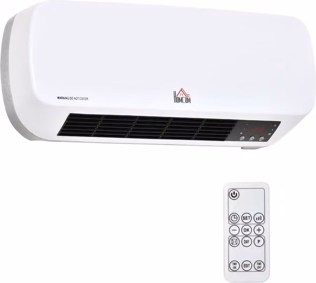 Stufa elettrica a parete in ceramica HOMCOM da 2000W con telecomando e timer, Bianco