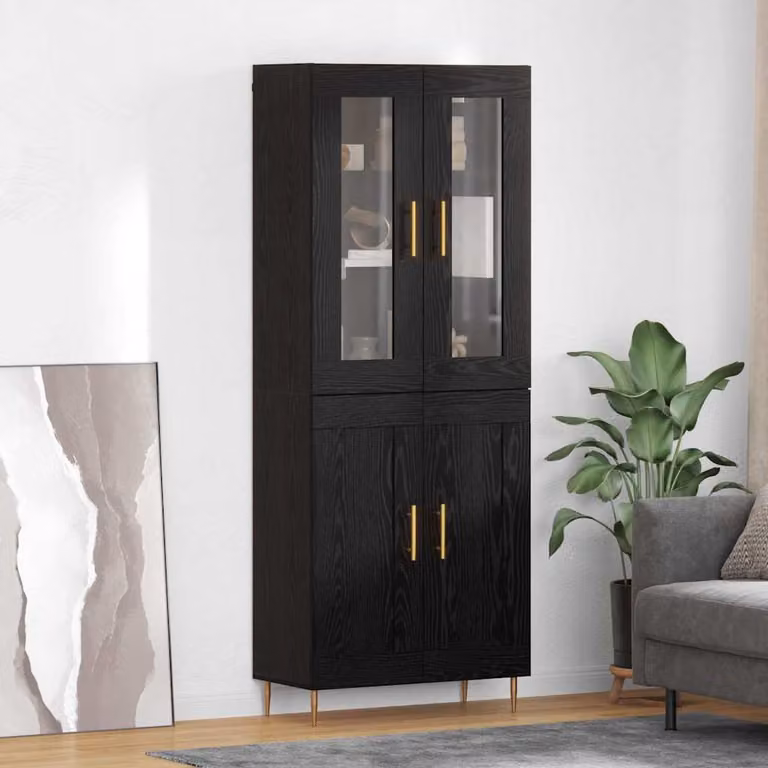 Set di 2 credenze moderne vidaXL con ante in vetro, finitura nera e dettagli oro, L/P/H: 69,5 x 34 x 180 cm