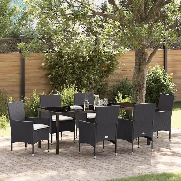 Set da pranzo per giardino e terrazzo vidaXL in polyrattan nero con tavolo in vetro e 6 sedie moderne