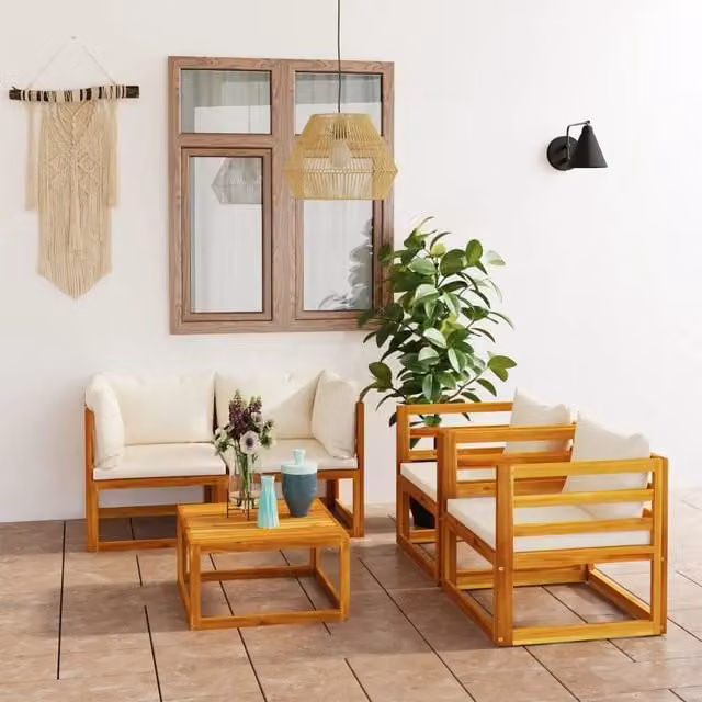 vidaXL Set Divani da Giardino 5 pz in Legno di Acacia con Cuscini Beige